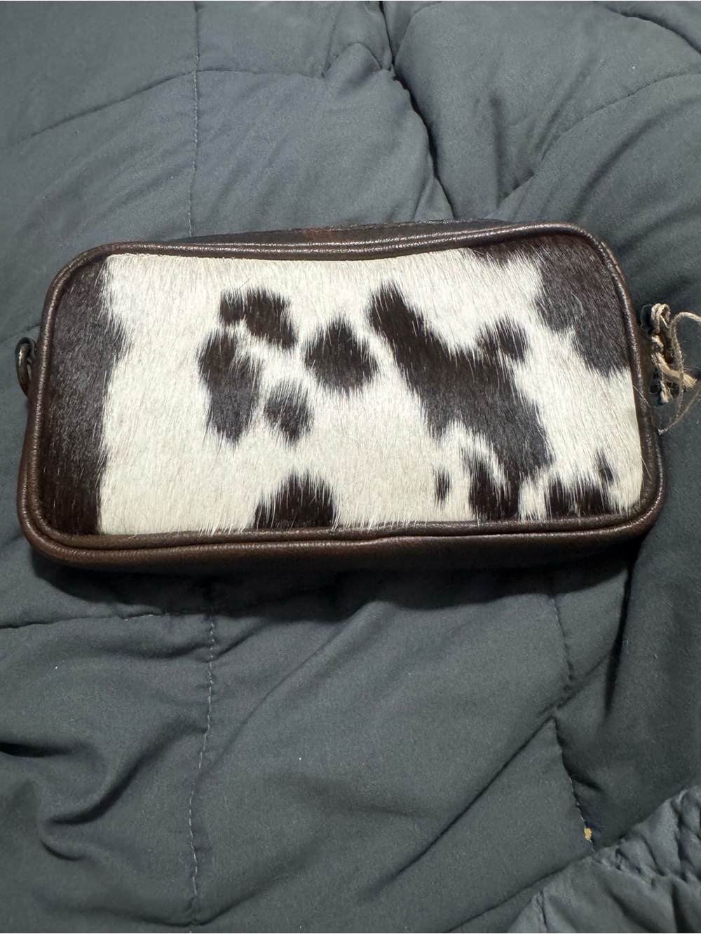 Cowhide Leather Zip Wallet Clutch - Brown and White